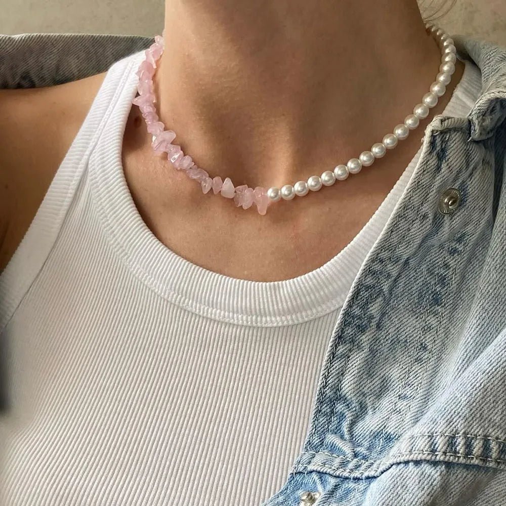 Elegant Imitation Pearl Pink Stone Chain Choker Necklace for Girls Jewelry Trend