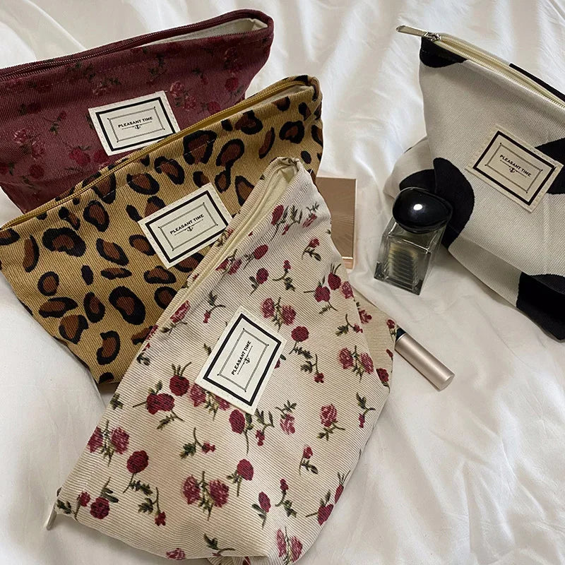 Women’s Floral Makeup Organizer Bag Travel Toiletry Pouch Corduroy Canvas