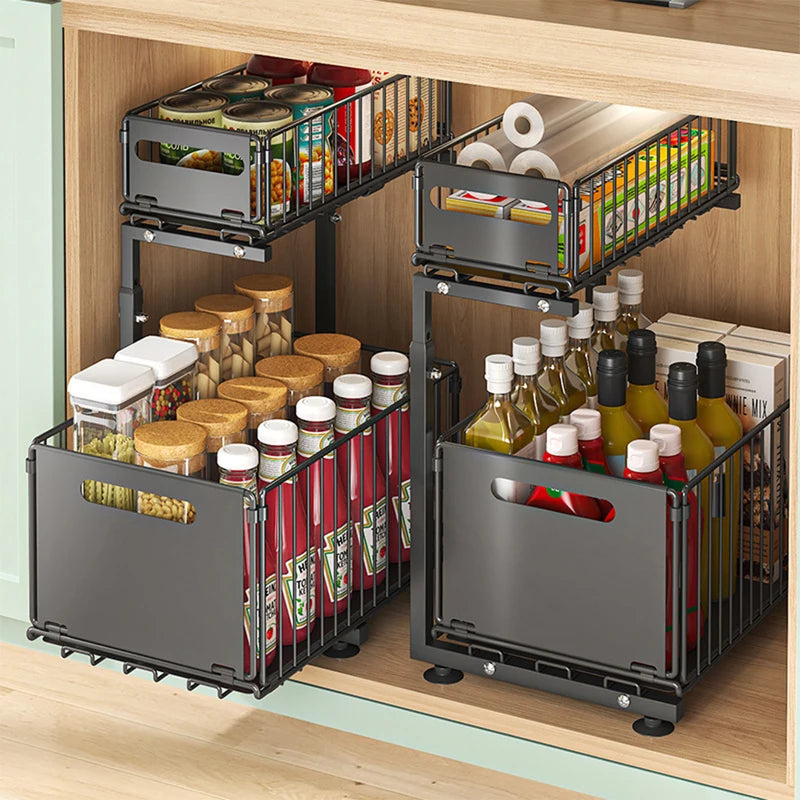 2-Tier Pull Out Cabinet Organizer Adjustable Kitchen Storage Rack for Under Sink