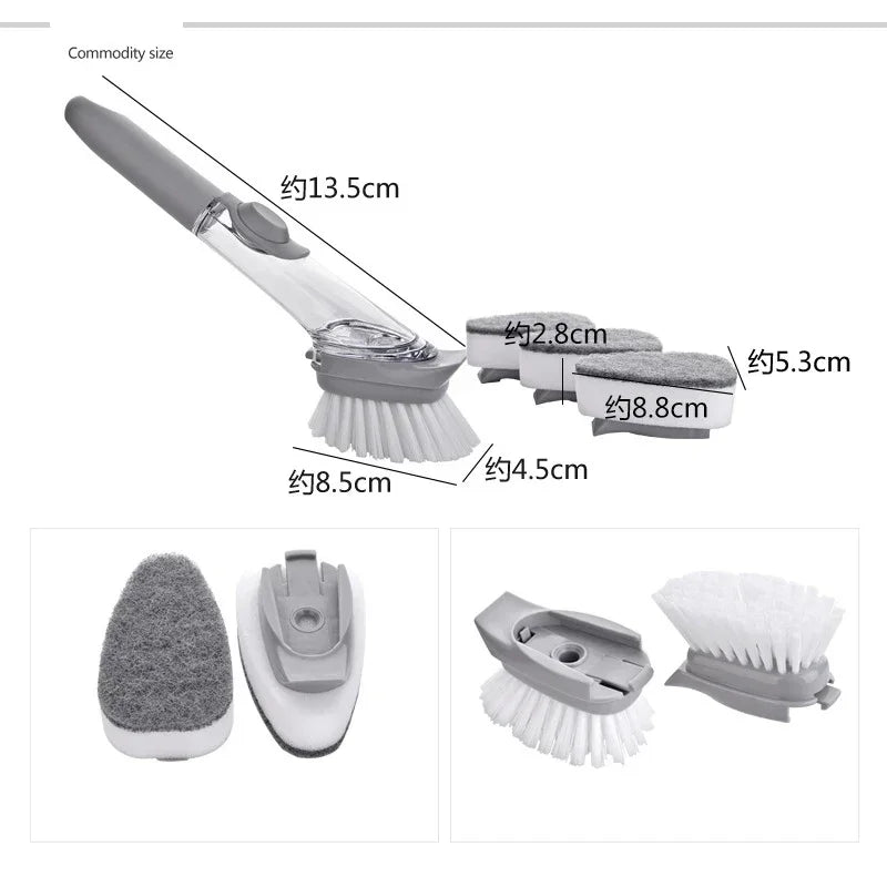 2-in-1 Kitchen Cleaning Brush with Removable Sponge & Soap Dispenser - Long Handle, Scraper