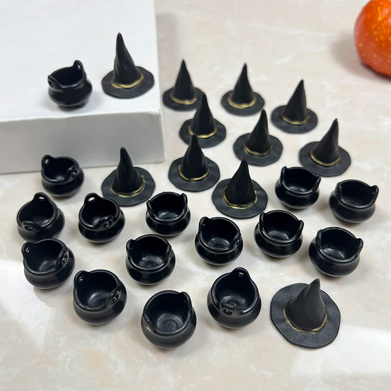 Halloween Mini Resin Candy Kettles & Witch Hat Candy Holders Set - Kids Party Decor