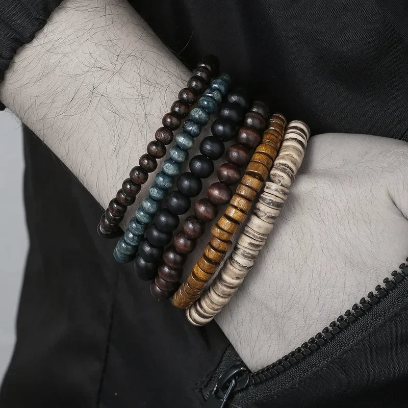 Multi-layer Wooden Bead Bracelet Set for Men - Adjustable Rustic Style Jewelry