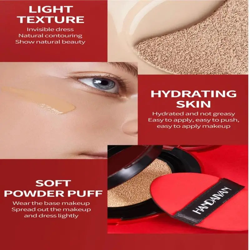 Long Wear Air Cushion Foundation with Concealer & Natural Finish - Lightweight, Oil-Free Makeup Base for Women