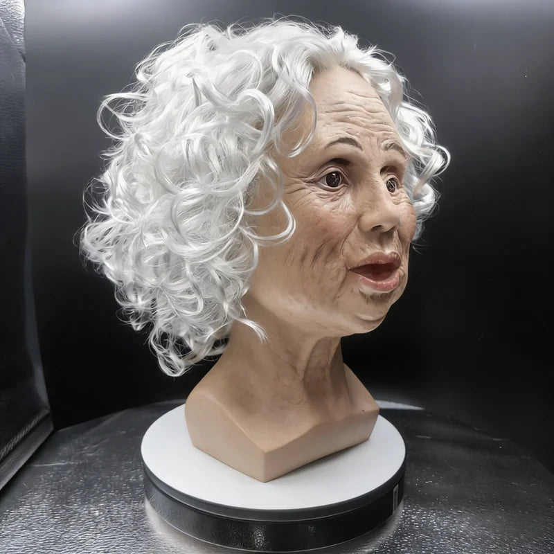 Old Woman Latex Mask with White Curly Hair - Elderly Grandma Halloween Costume