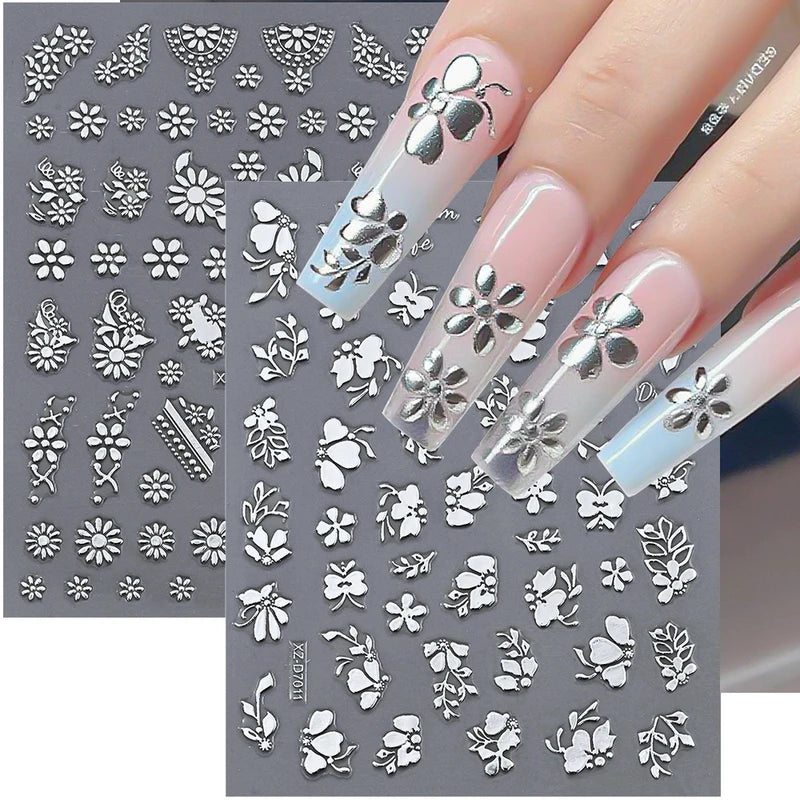 12pcs 3D Metallic Nail Stickers Chrome Stars Hearts Irregular Flames Self-Adhesive Manicure Decals