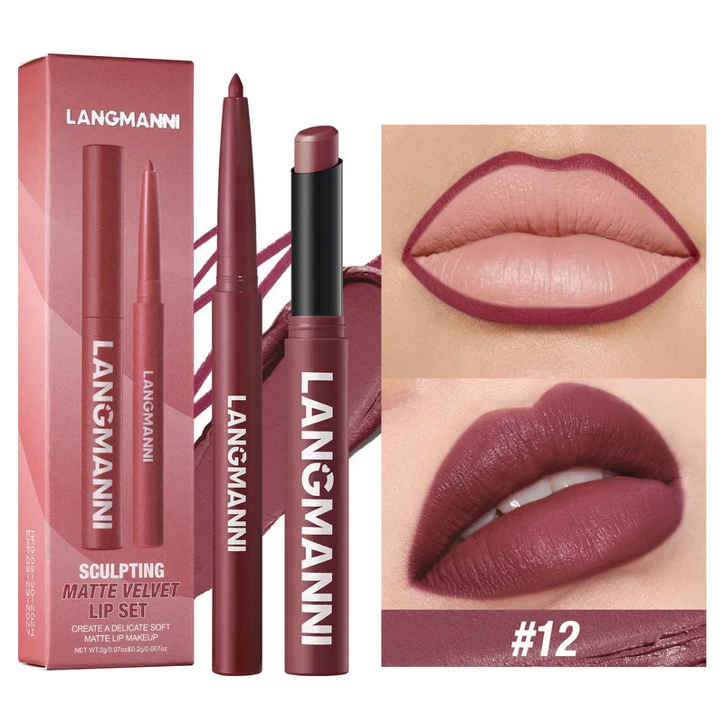 2Pcs Matte Lipstick & Lip Liner Set Long-Lasting Waterproof Lip Makeup