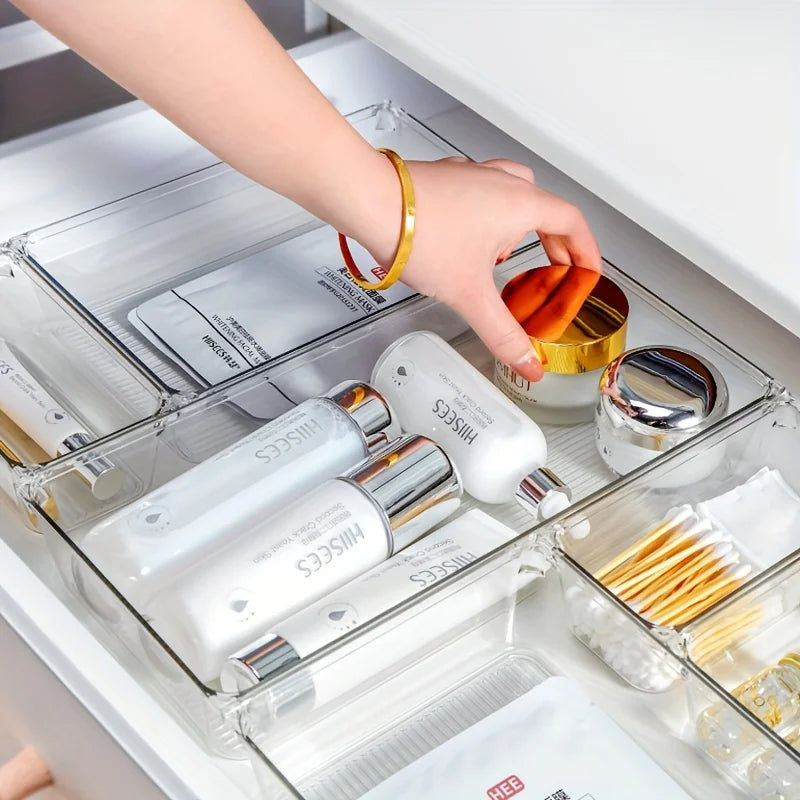 Clear Plastic Drawer Organizers Set - Multi-Purpose Storage Containers for Bathroom, Makeup, Kitchen, and Office