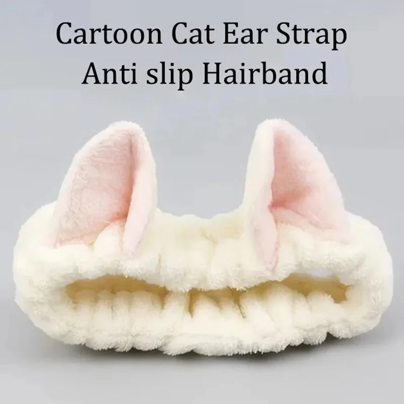 Cute Cat Ear Headband for Women - Soft Fleece Face Mask & Makeup Accessory