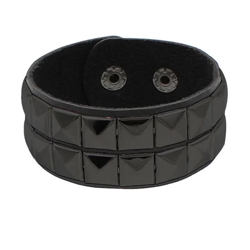 Men's Punk Leather Cuff Bracelet with Metal Rivets and Charms - Gothic Wristband