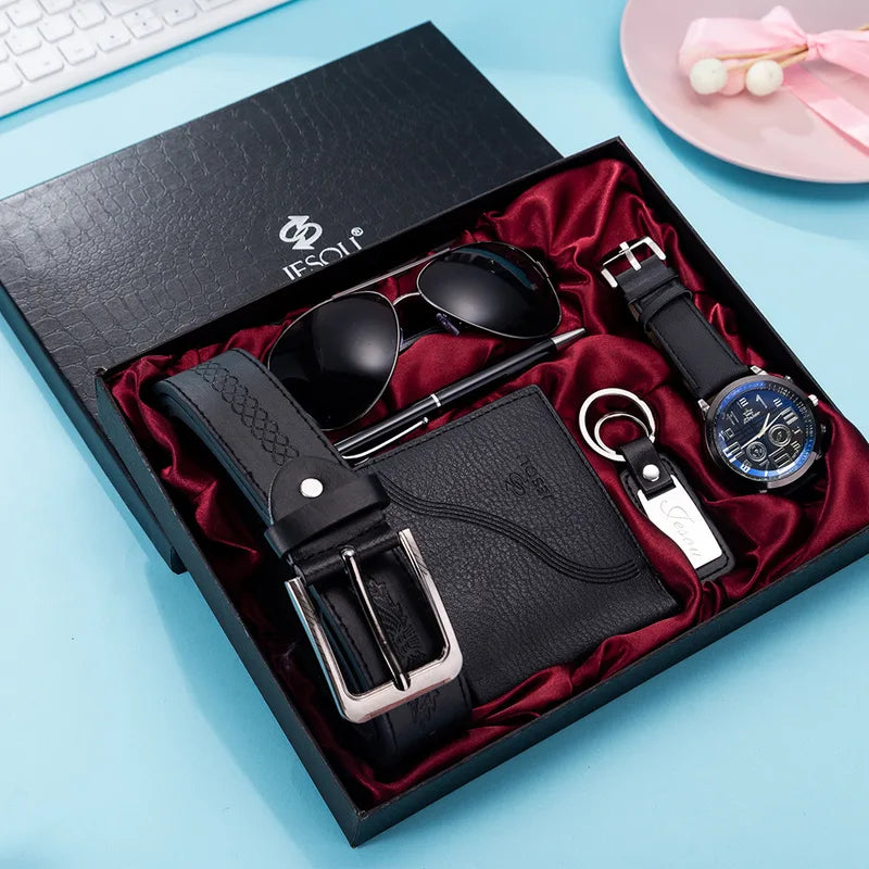 Men Gift Set Quartz Watch Sunglasses Wallet Keychain Pen Belt Accessories - 6pcs