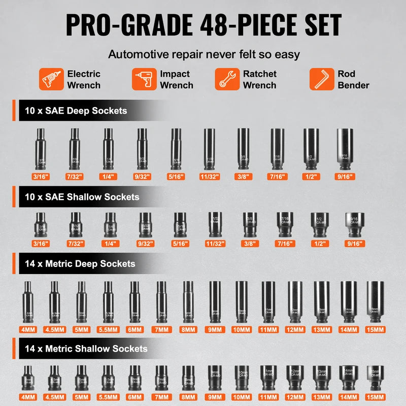 Impact Socket Set 48-Piece Deep & Shallow CR-Mo Alloy Steel Auto Repair