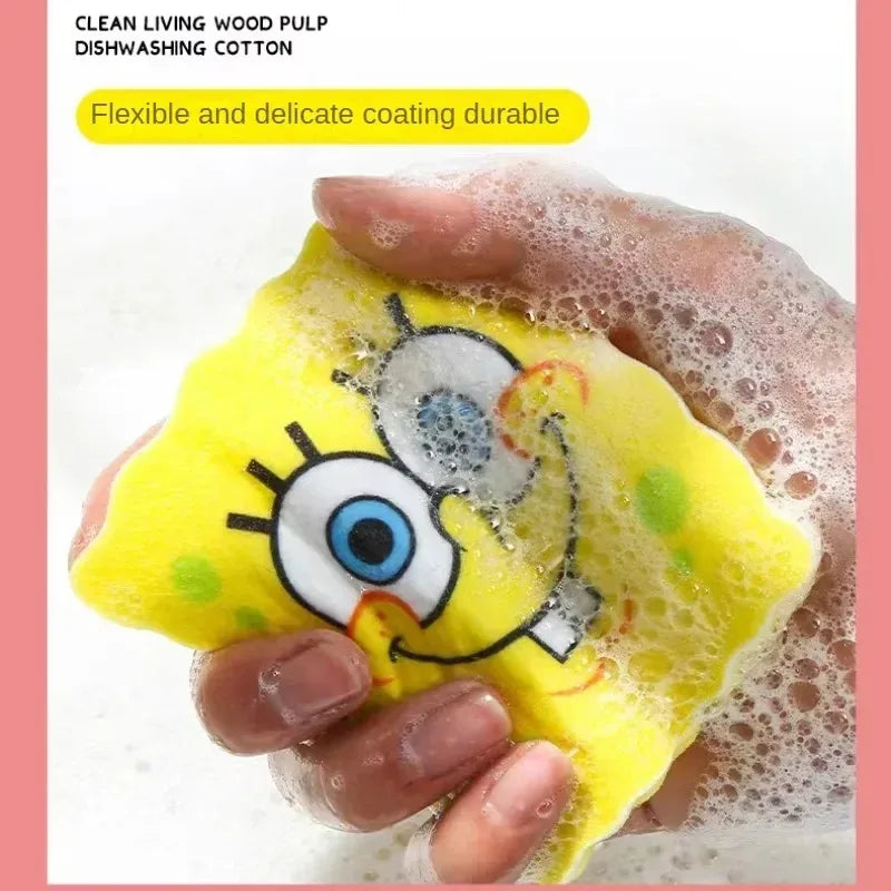 Cute Cartoon SpongeBob Dishwashing Sponge Set - Reusable Kitchen Cleaning Brush