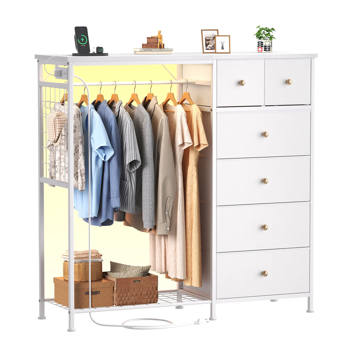 6-Drawer Fabric Dresser with Hanging Rack and LED Lights for Bedroom Storage