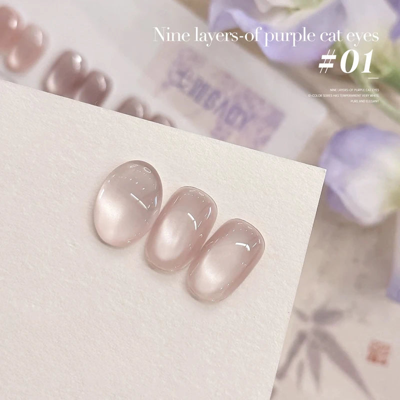16Pcs Nail Art Gel Set - Fruit Series Moonlight Nude Pink Blue Purple Clear Glass Beads & Cat Eye Effects
