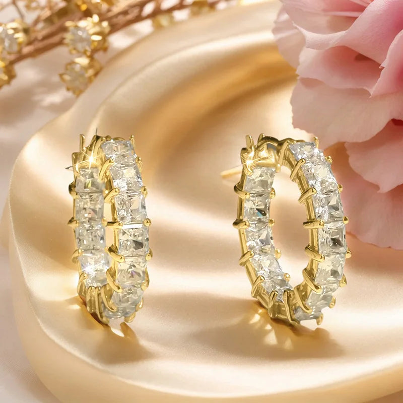 Princess Cubic Zirconia Hoop Earrings for Women Jewelry Gift