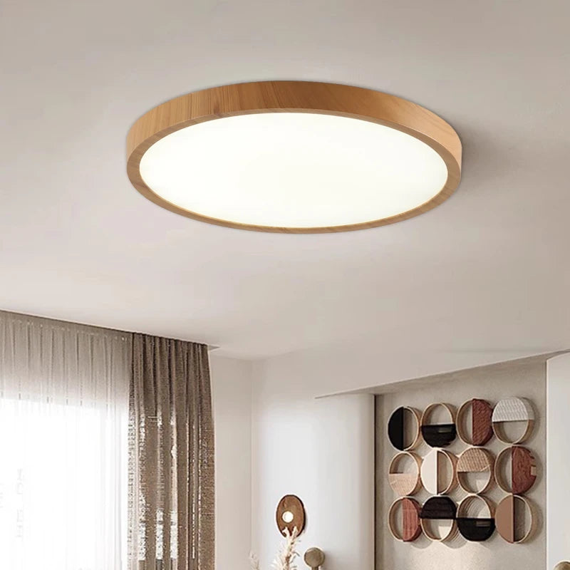 Ultrathin Circular LED Ceiling Light with Wood Grain Finish - Modern Bedroom Living Room Fixture