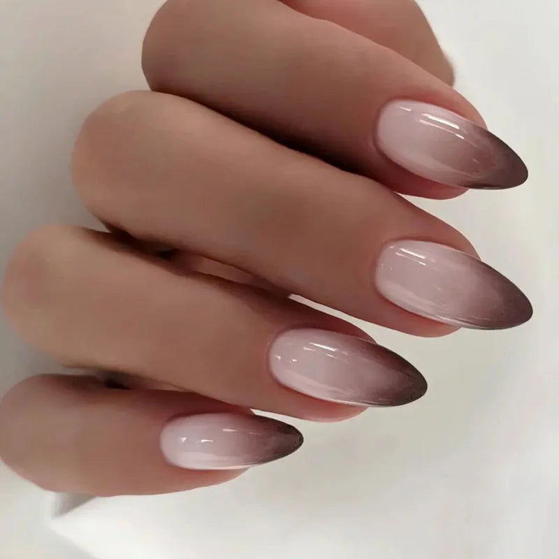24pcs Gradient Black Pointed Nail Tips Fake Nails Set Long Almond Press On Nails
