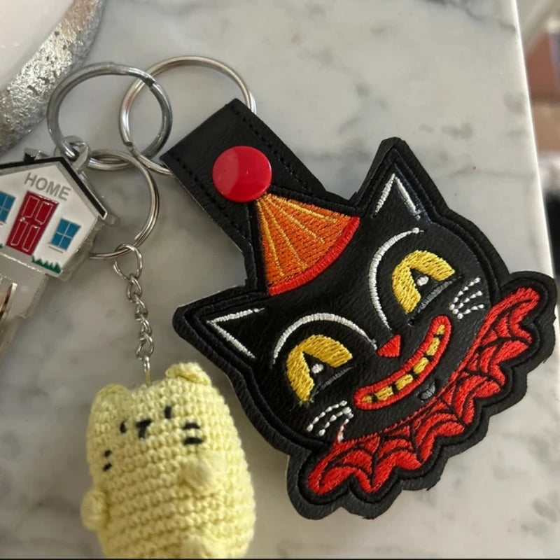 Vintage Halloween Black Cat Keychain - Embroidered Vinyl Cat Charm