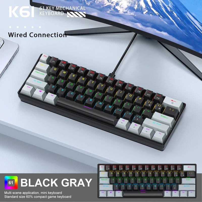 Mini Wired Gaming Mechanical Keyboard 61 Keys RGB Backlit Compact for PC Laptop