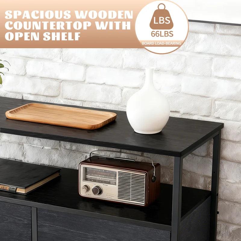 Wooden Top TV Stand with 8 Fabric Drawers and Charging Station — Living Room Storage Furniture