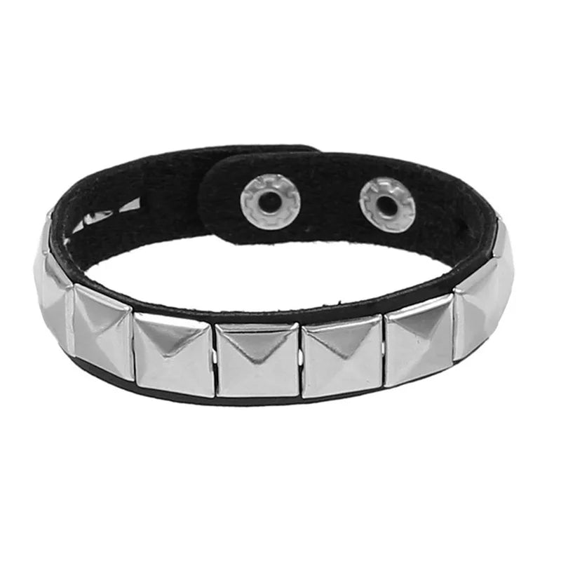 Adjustable Goth Leather Wristband with Spiked Rivet Buckle for Men Women