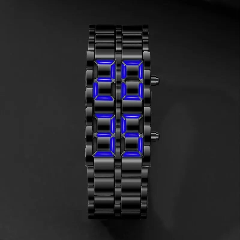 Digital LED Wrist Watch for Men - Full Metal Lava Design, Blue Display, Alarm