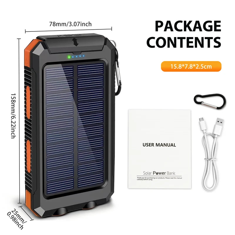 10,000mAh Solar Power Bank Waterproof Portable Charger with Dual USB & LED Flashlight