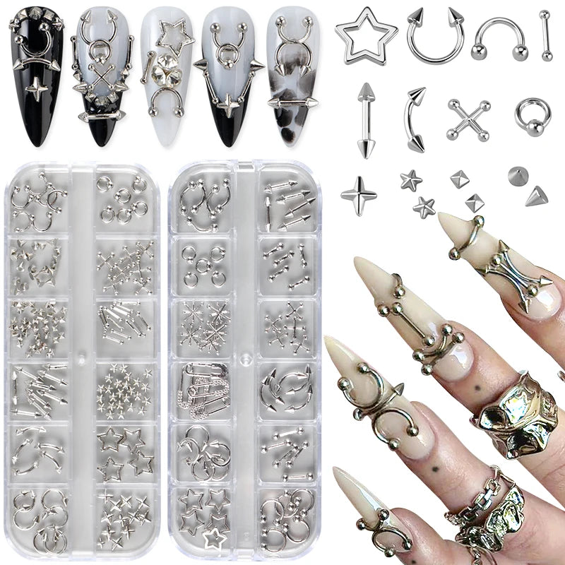 12-Grid Metallic Nail Charms Set - Punk Gothic 3D Studs & Rivets for Nails