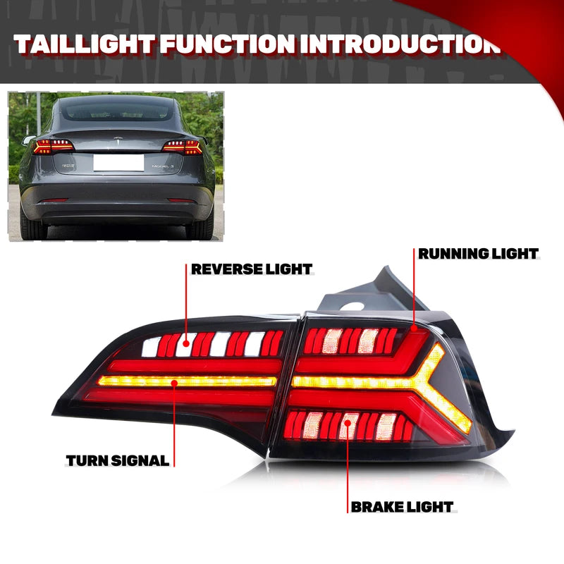 Tesla Model 3 Model Y LED Tail Lights Sequential Turn Signal Black Rear Lamps