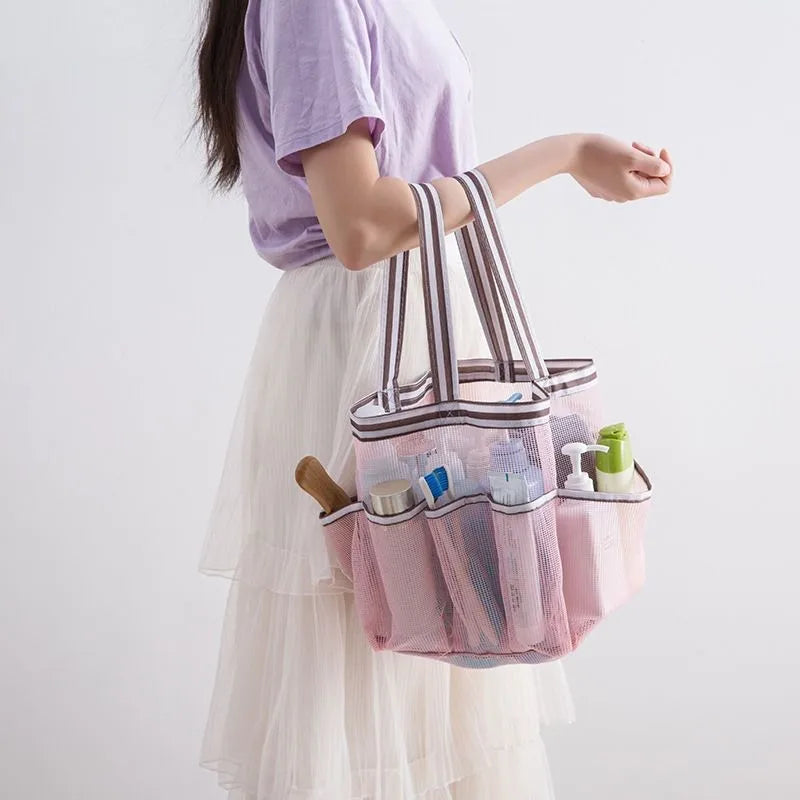 Mesh Shower Caddy Tote with 8 Pockets and Handles for Bathroom & College Use