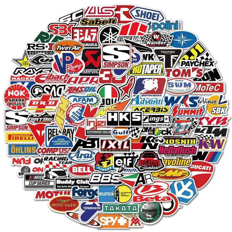 100pcs Waterproof Racing Car Logo Graffiti Stickers for Cars, Motorcycles, Luggage, Notebooks, Skateboards
