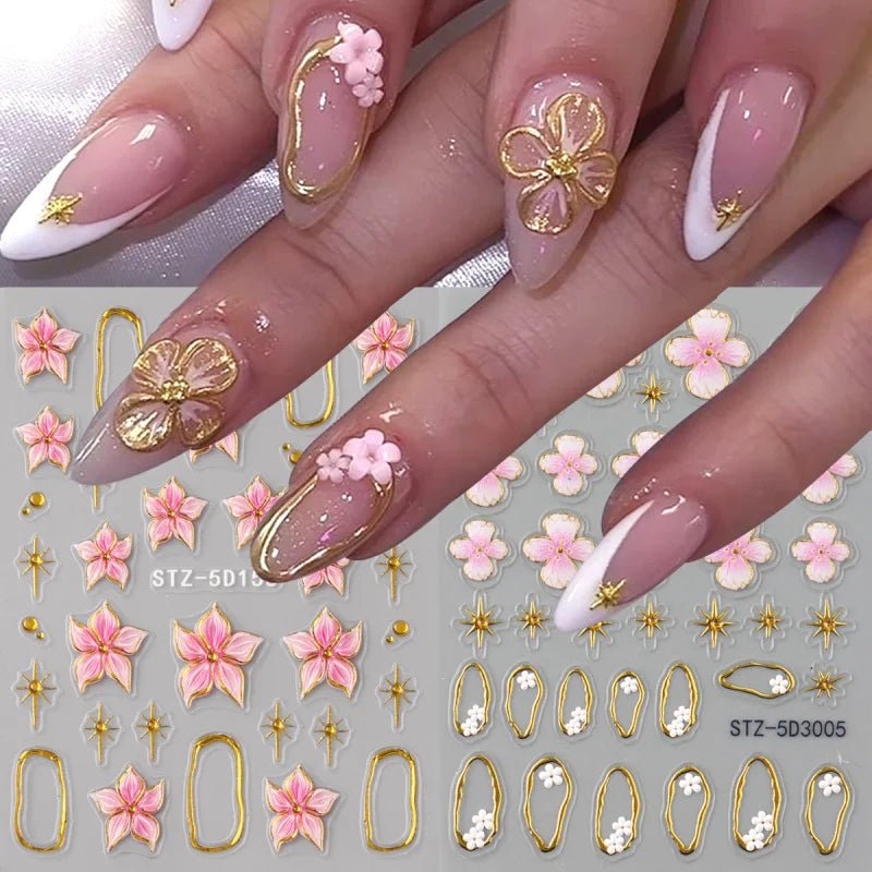 5D Floral Embossed Nail Stickers with Hibiscus Flowers & Star Frames for Spring & Summer Nail Art