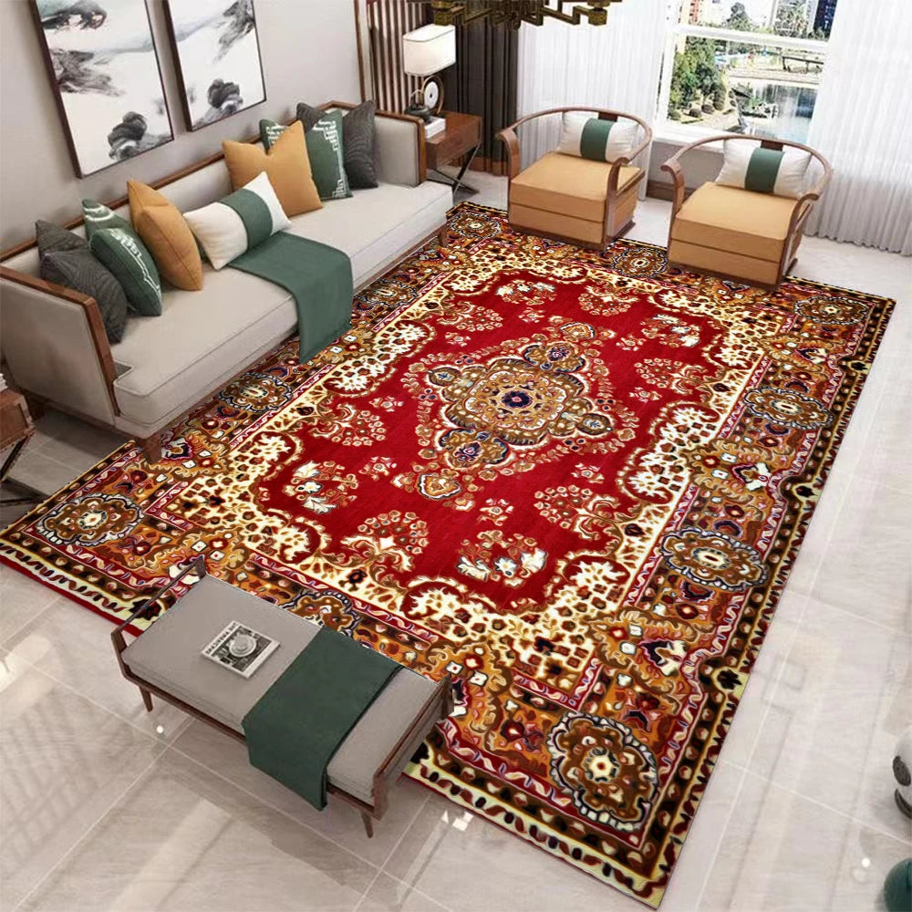 European Retro Large Carpet Rug for Living Room Bedroom Non-Slip Washable Soft Mat