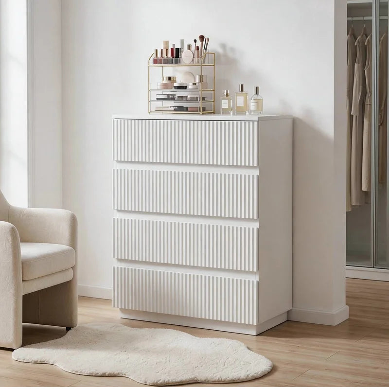 White Fluted 4-Drawer Chest of Drawers - Tall Storage Dresser for Bedroom & Living Room