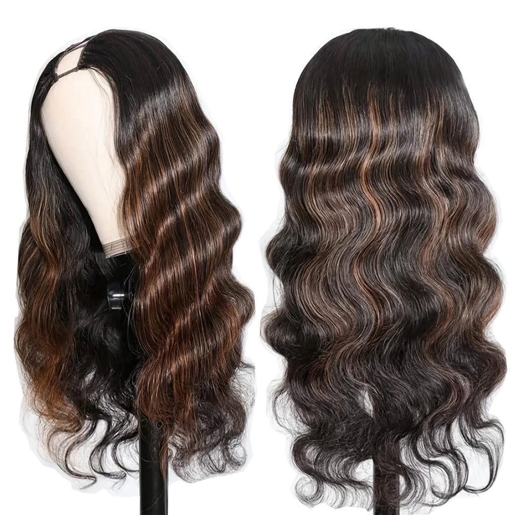 Human Hair Body Wave Wig with Highlights - No Sew In Clip-In Half Wigs 30 Inch