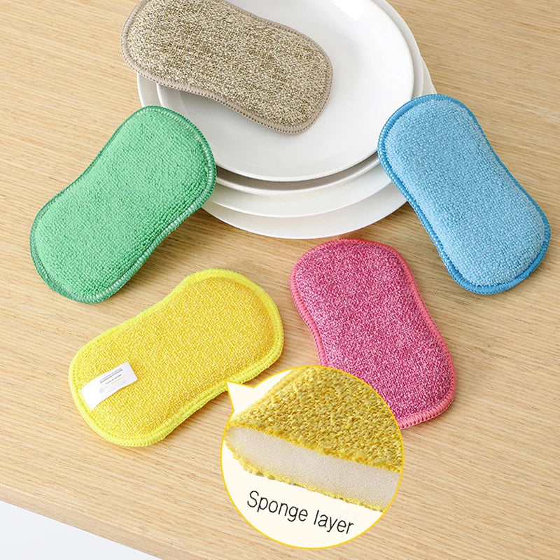 5Pcs Double-Sided Microfiber Kitchen Sponge Non-Scratch Dish Washers Multi-Purpose Rag