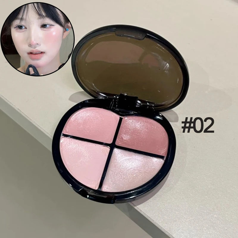 K-Beauty Glow Wet Blush Palette 4 Colors Dewy Natural Finish for Cheeks & Lips