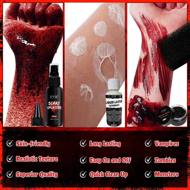Halloween Special Effects Makeup Kit with Blood Spray & 3D Wound Stickers