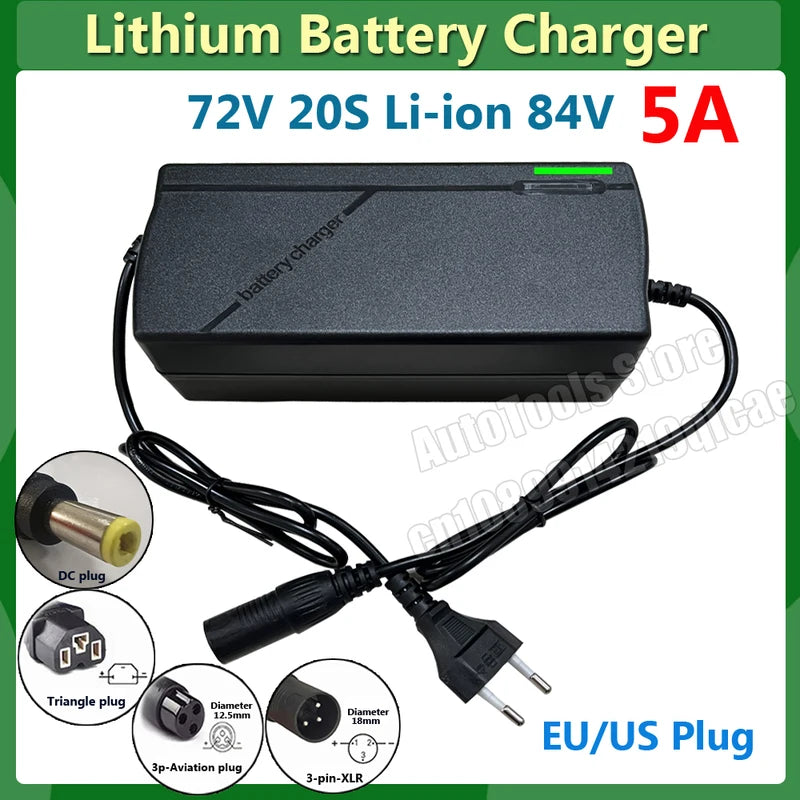 72V 5A Lithium Battery Charger for 20S 84V Li-ion Battery Pack, Smart EU/US Plug
