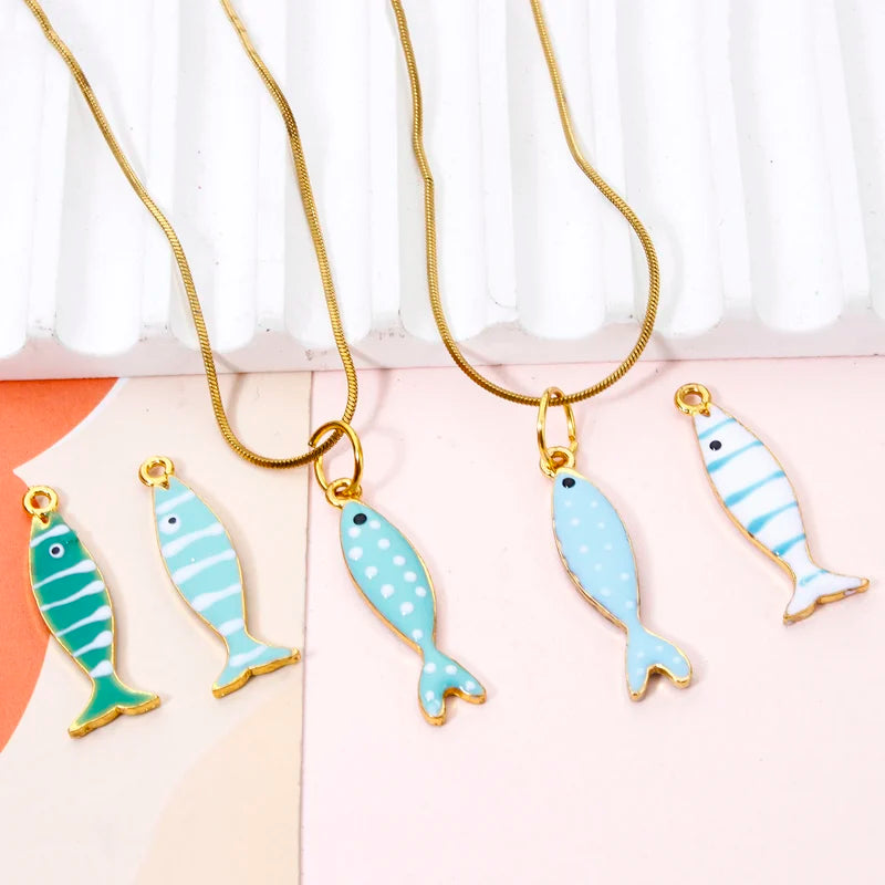 5-Piece Zinc Alloy Double-Sided Enamel Fish Animal Charms Jewelry Pendants
