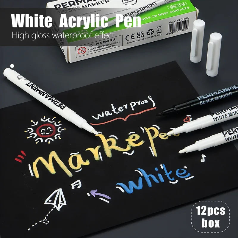 Waterproof Marker Pen Set - 3/6/12 pcs White Black Inks for Rock, Stone, Glass, Wood, Fabric, Metal
