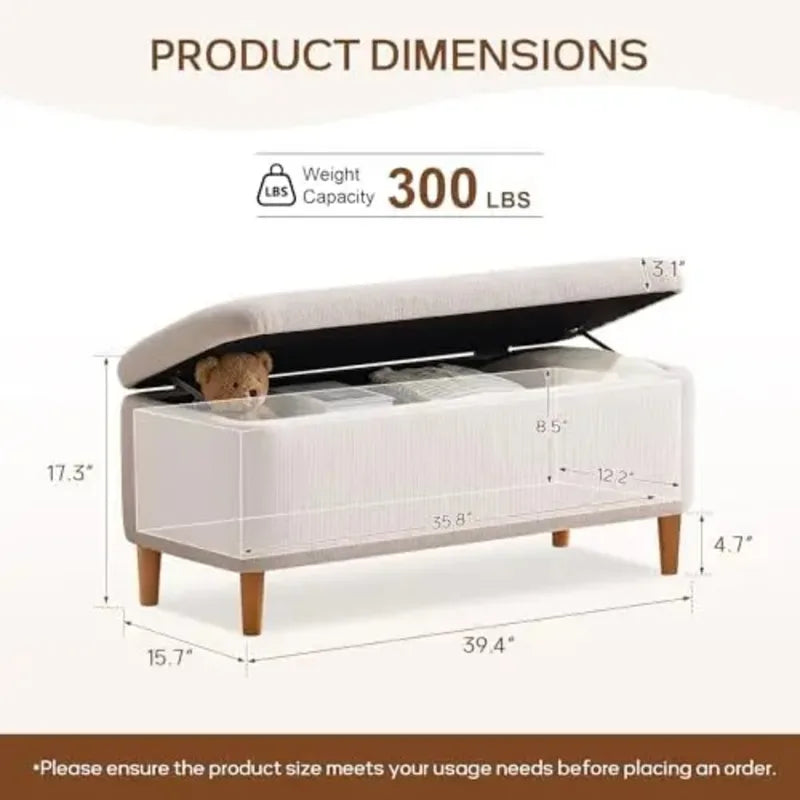 39.4-Inch Upholstered Storage Bench with Wooden Legs - Modern Fabric Ottoman for Living Room or Bedroom