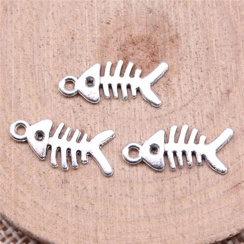 10Pcs Silver Fish Bone Pendant Charms for Jewelry Making DIY Accessories