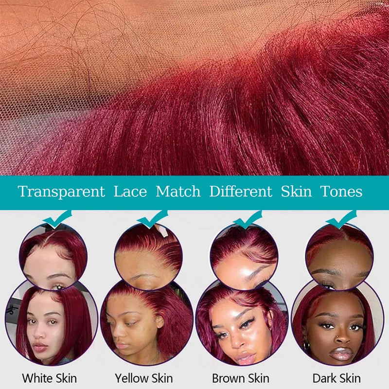 Brazilian 99J Bob Human Hair Wig - Straight Lace Front Short Wig with HD Transparent Lace