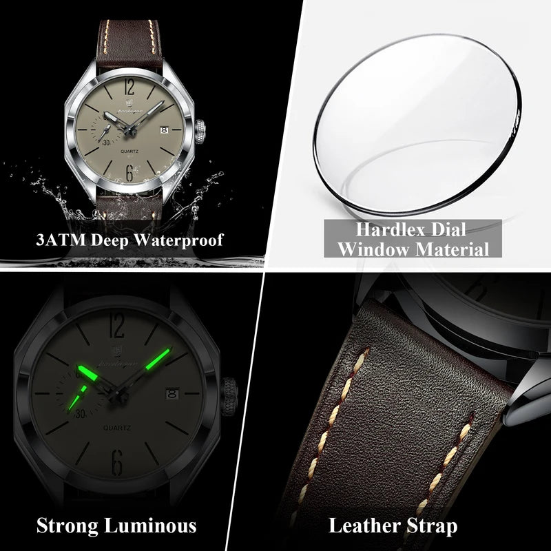 Men's Waterproof Leather Quartz Watch with Luminous Dial and Date - Business Style