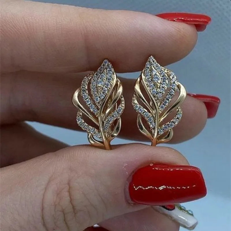 Leaf Shaped Hoop Earrings for Women Gold Color Cubic Zirconia Bridal Jewelry