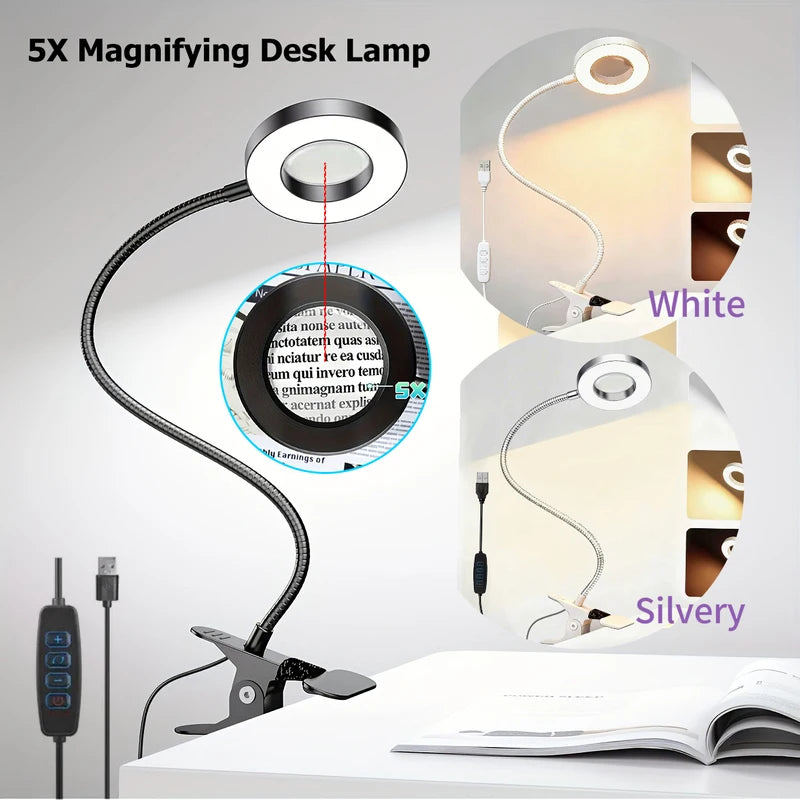 LED Clip-On Magnifying Desk Lamp 5X Magnifier Dimmable Adjustable Light