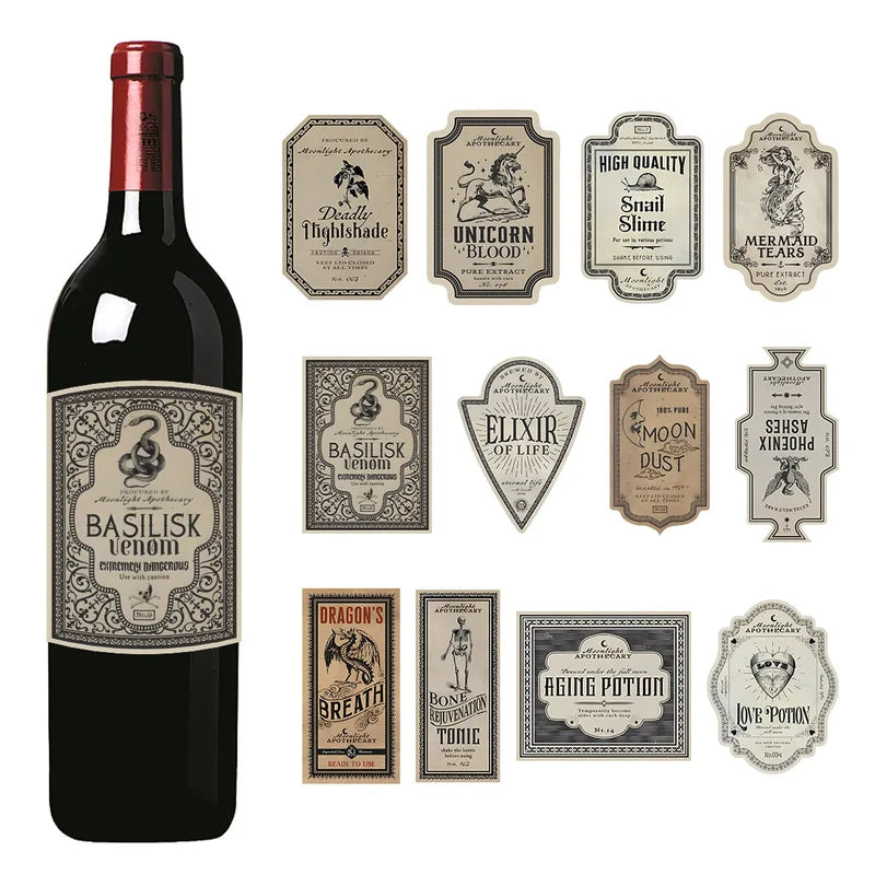 12-Pack Vintage Halloween Potion Bottle Labels Gothic Style Wine & Jar Stickers