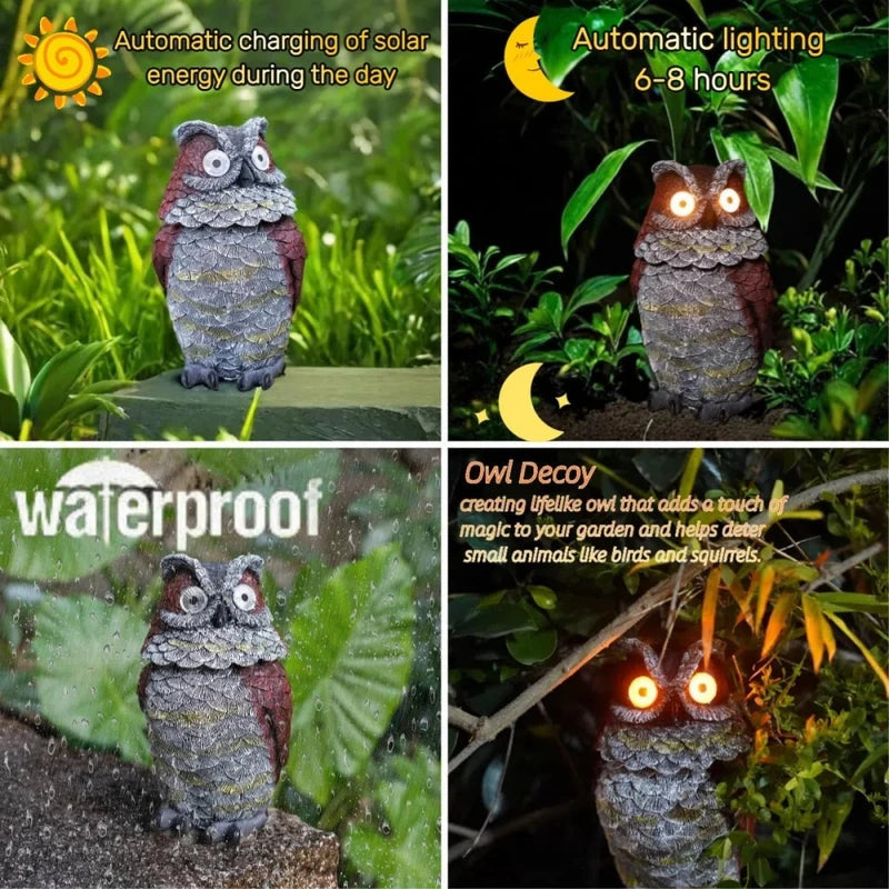 Solar Owl Garden Statue with Glowing Eyes Outdoor Decor Resin Sculpture