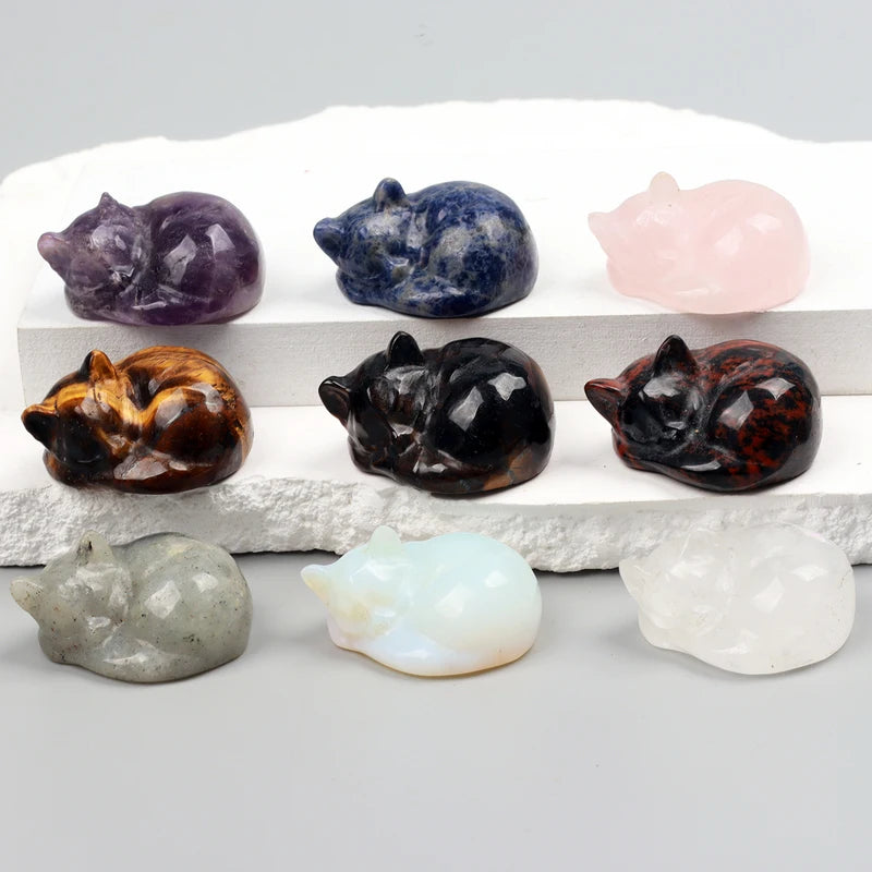 Crystal Energy Cat Figurines Set - Natural Stones Chakra Home Decor
